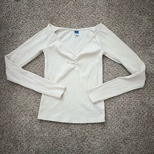 V Neck White Long Sleeve Top